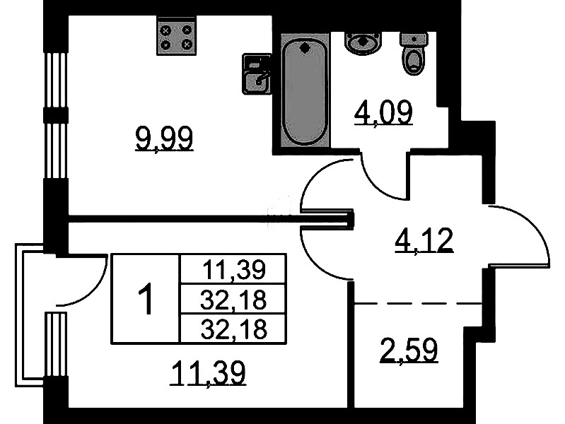 1-комнатная квартира 32.18 м², 12/12 эт., ЖК «Невская Долина»